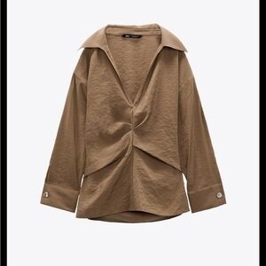 New Zara | Light Brown Front Gathered Blouse Shirt Size Small